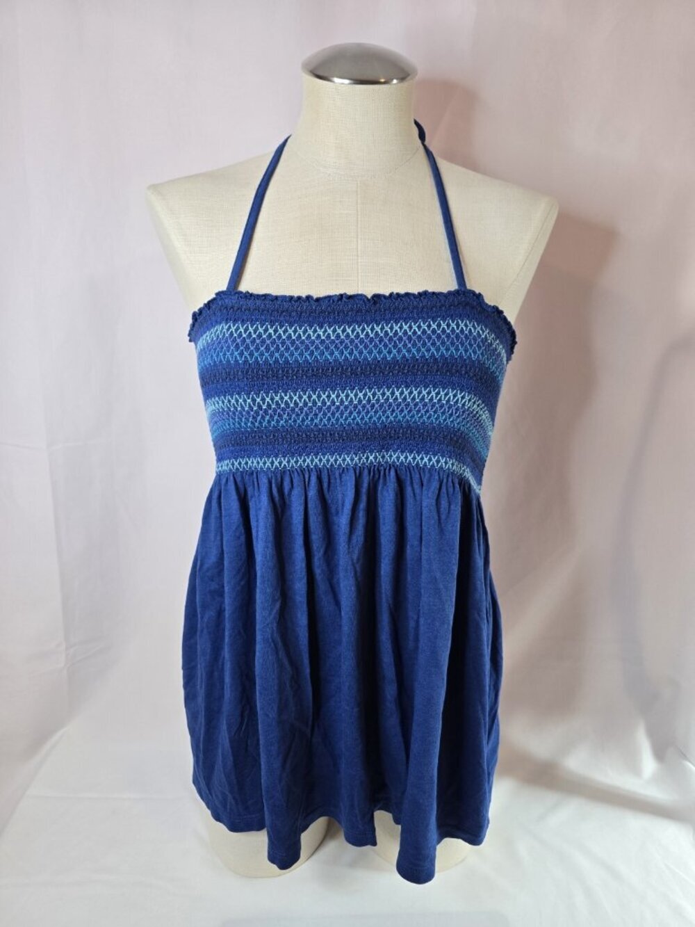 Old Navy Y2K Smocked Strapless Halter Top Womens Small Blue Babydoll Tank 2010s